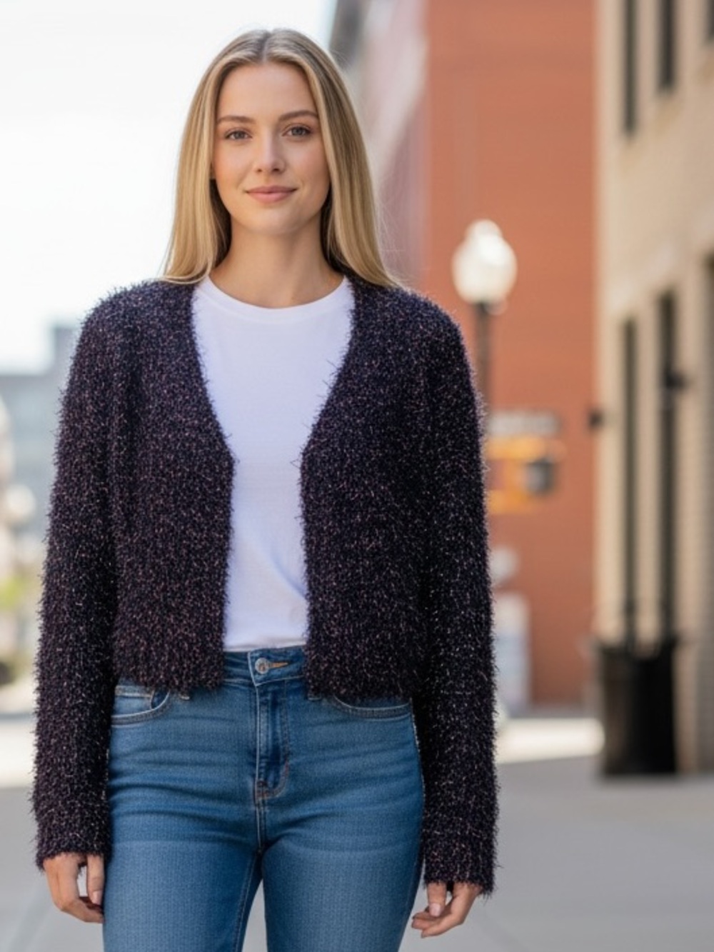 NWOT VENUS Black Fuzzy Sparkle Black Multi Cardigan - Cozy Glitter Knit Large